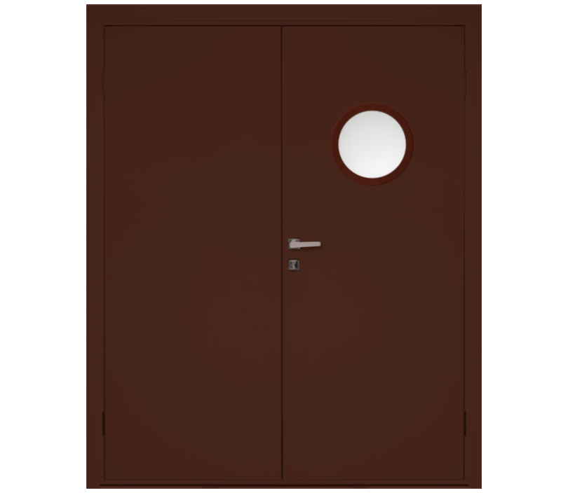 Влагостойкая дверь ПВХ EtaDoor с иллюминатором коричневая двухстворчатая с алюминиевой кромкой