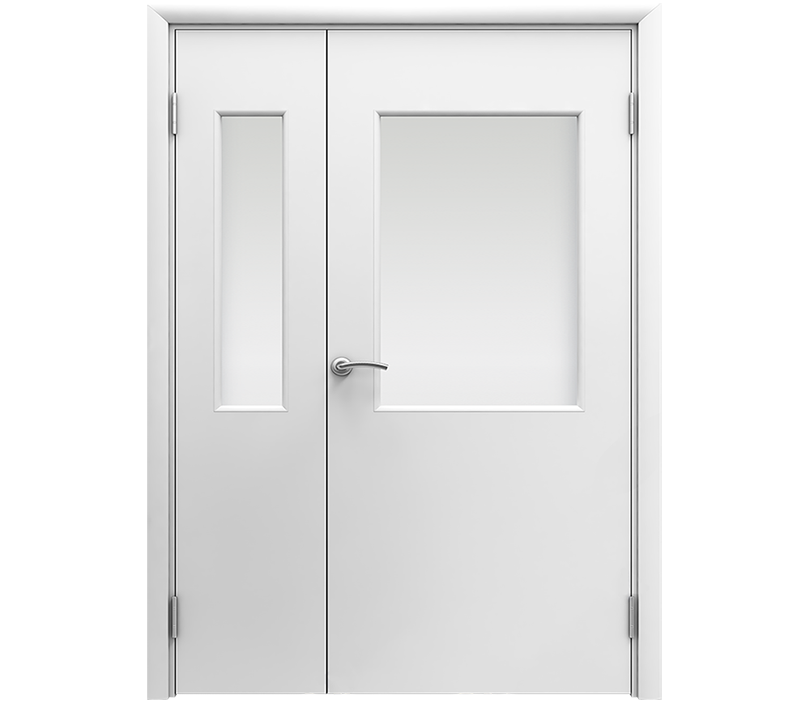 Влагостойкая дверь ПВХ EtaDoor с окном белая полуторастворчатая с алюминиевой кромкой