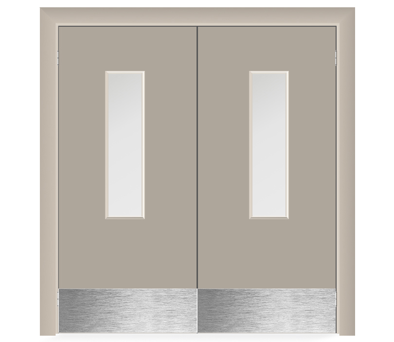 Влагостойкая дверь ПВХ EtaDoor с окном бежевая маятниковая двухстворчатая с отбойной пластиной