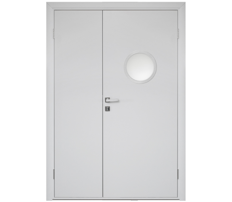 Влагостойкая дверь ПВХ EtaDoor с иллюминатором белая полуторастворчатая с алюминиевой кромкой