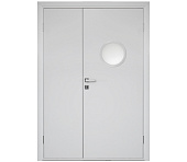 Влагостойкая дверь ПВХ EtaDoor с иллюминатором белая полуторастворчатая с алюминиевой кромкой